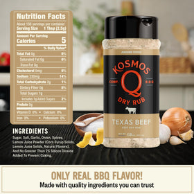 Kosmos Q Texas Beef Dry Rub label close-up highlighting ingredients and lemon note
