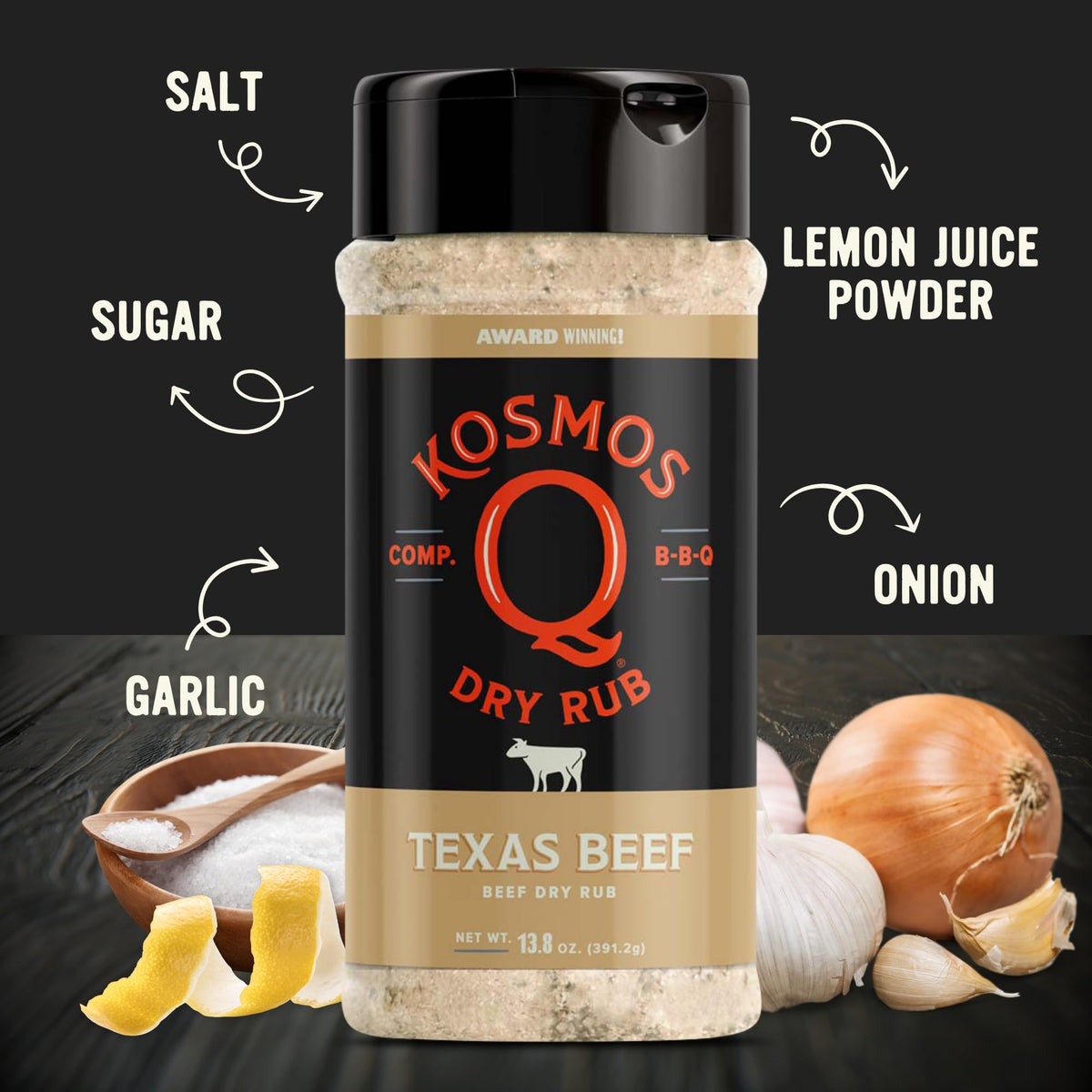 Kosmos Q Texas Beef Dry Rub shaker top ready for seasoning