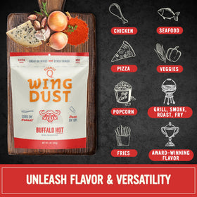 Kosmos Q Hot Buffalo Wing Dust zests chips with vibrant buffalo flavor