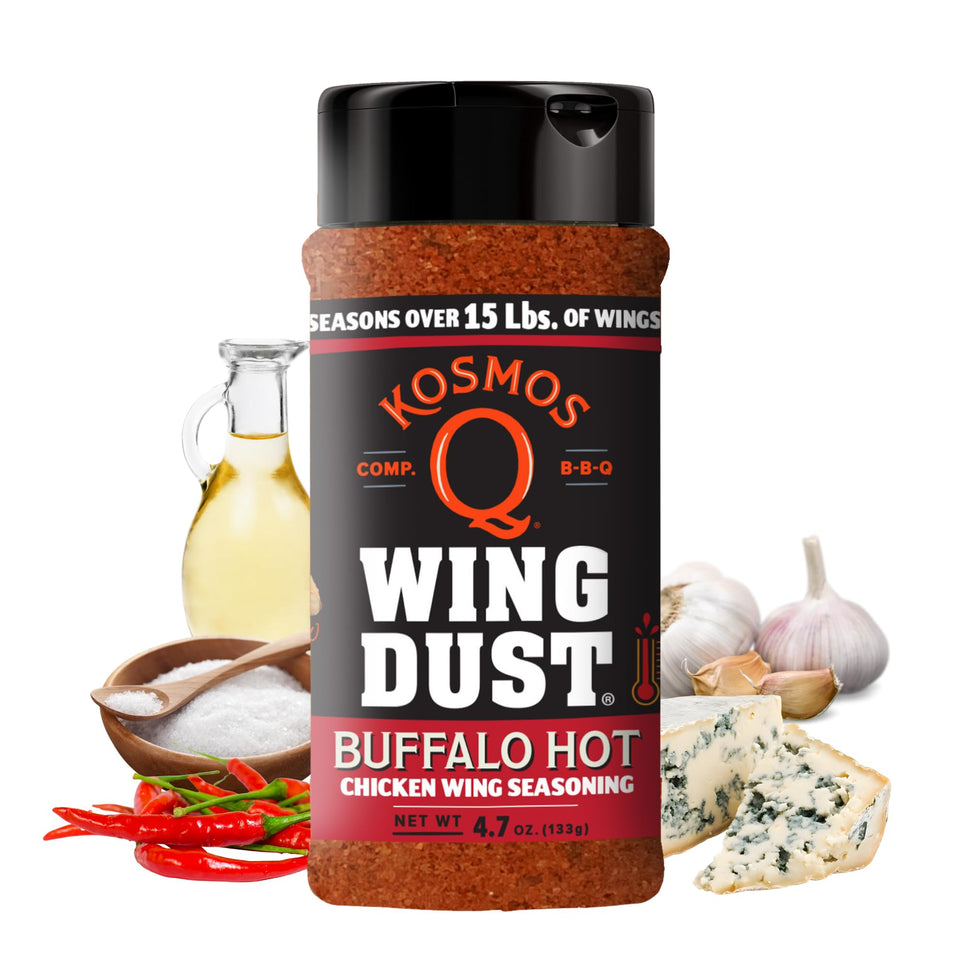 Kosmos Q Hot Buffalo Wing Dust on wings for bold, smoky heat