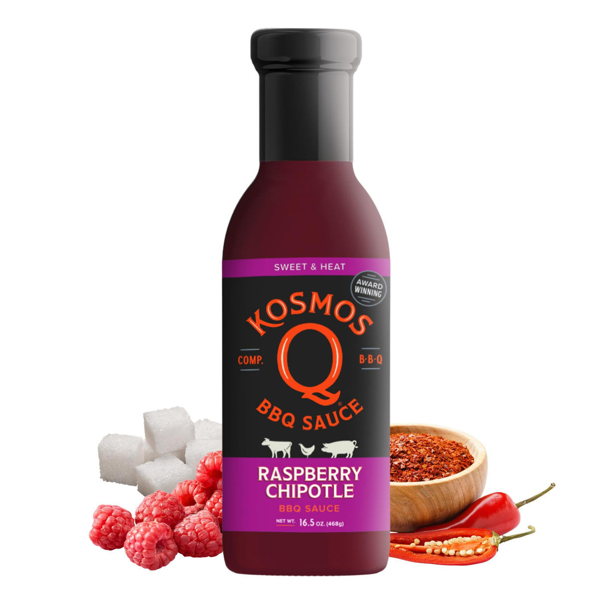 Kosmos Q Raspberry Chipotle BBQ sauce bottle highlights real raspberries for bold, balanced flavor.