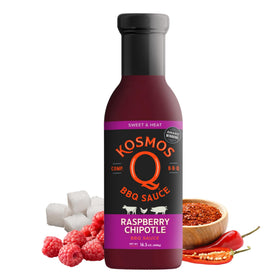 Kosmos Q Raspberry Chipotle BBQ sauce bottle highlights real raspberries for bold, balanced flavor.