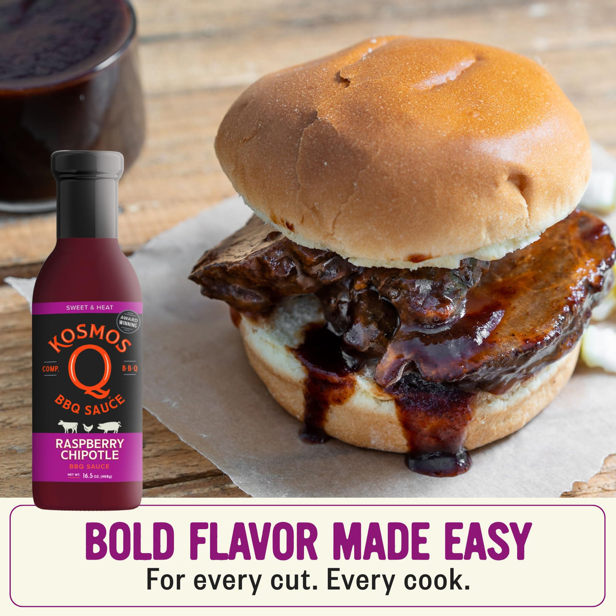 Kosmos Q Raspberry Chipotle BBQ brisket finish adds glaze and aroma.
