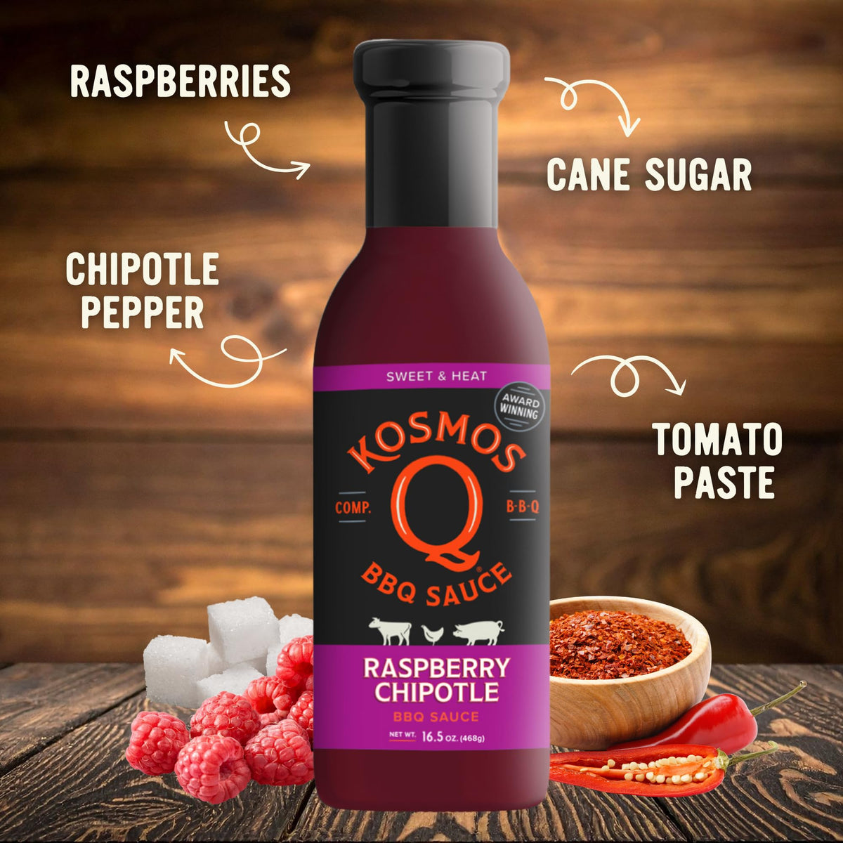 Kosmos Q Raspberry Chipotle BBQ glaze closeup shows glossy finish ideal for finishing meats.