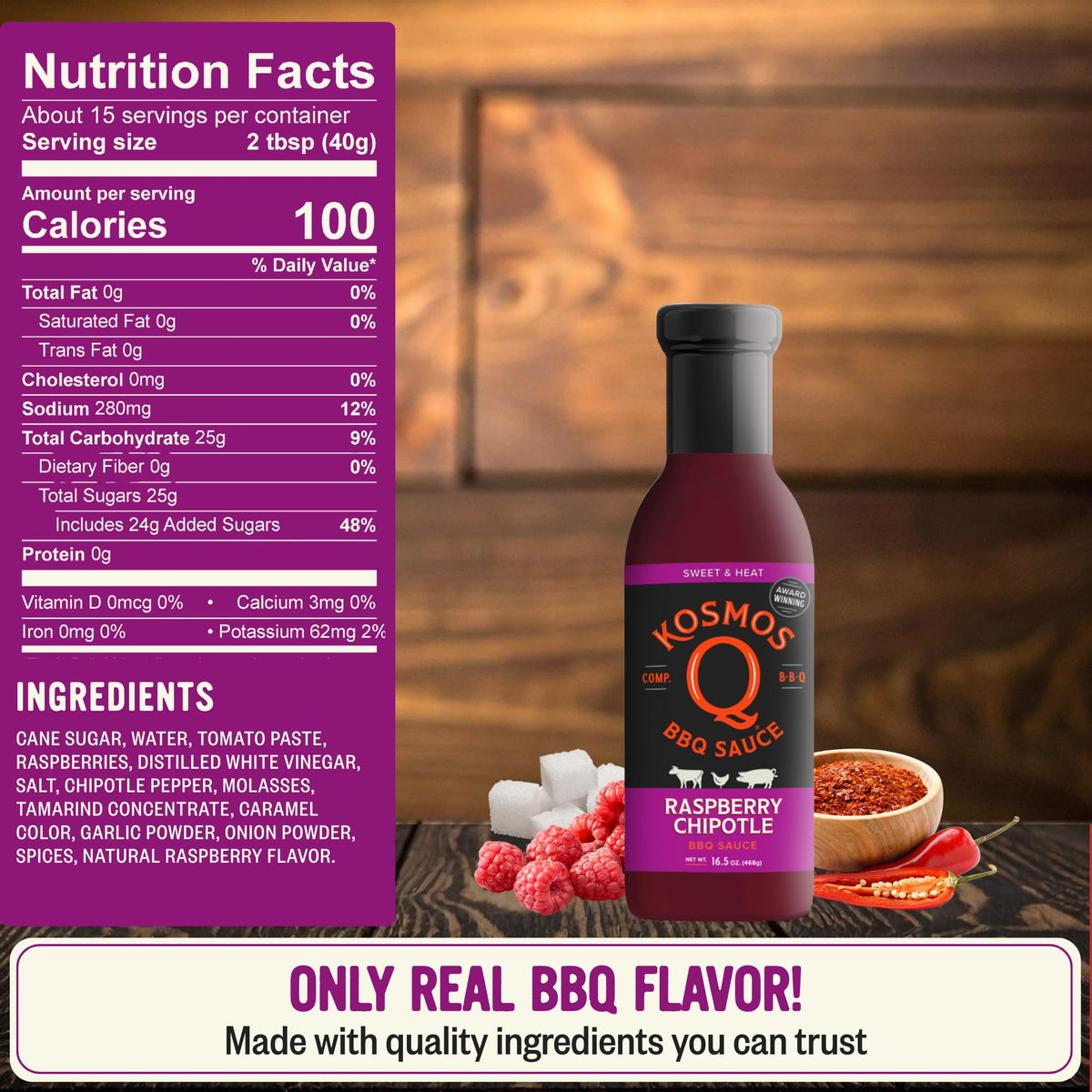 Kosmos Q Raspberry Chipotle BBQ on pork ribs contributes sweet-heat glaze and deep color.