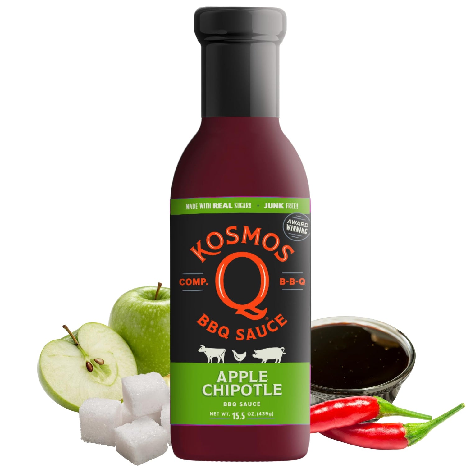Kosmos Q Sweet Apple Chipotle BBQ Sauce bottle with glossy glaze for grilling.