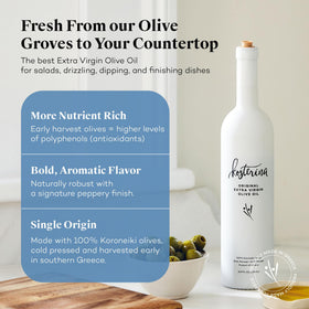 Kosterina Cold-Pressed Early Harvest EVOO bottle on kitchen counter