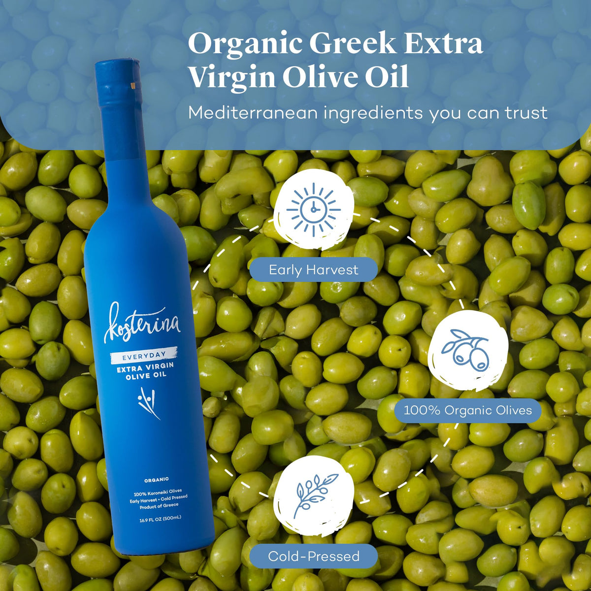 Kosterina high-heat olive oil in a pan for cooking.