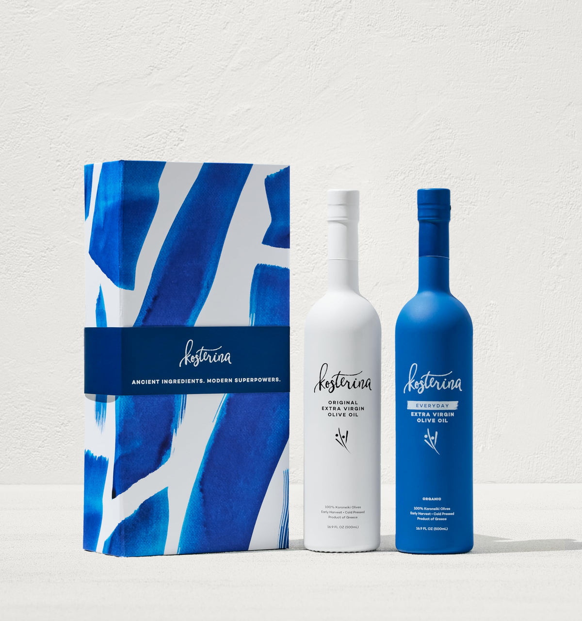 Kosterina Original EVOO bottle showing premium polyphenol-rich oil for finishing dishes