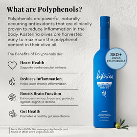 Kosterina polyphenol-rich olive oil label emphasizing antioxidant content.