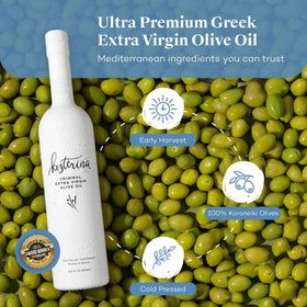 Kosterina polyphenol-rich olive oil bottle close-up highlighting antioxidant profile.