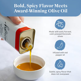 Kosterina olive oil being poured to highlight heat-ready drizzle for pasta and vegetables.