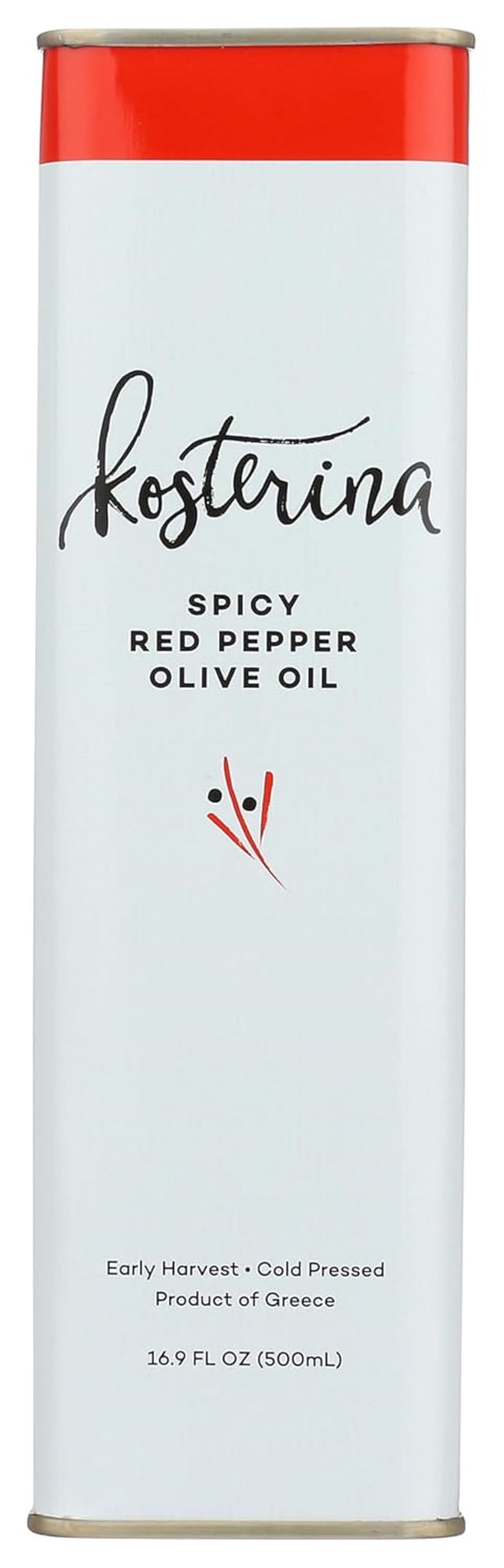 Kosterina spicy red pepper olive oil tin front adds bold Mediterranean flavor for finishing dishes.
