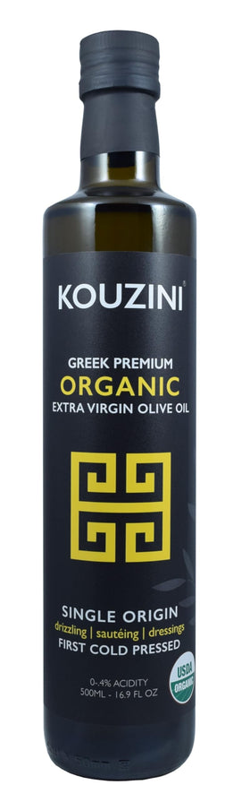 Kouzini olive oil bottle closeup, premium single-origin flavor for cooking and dressings.