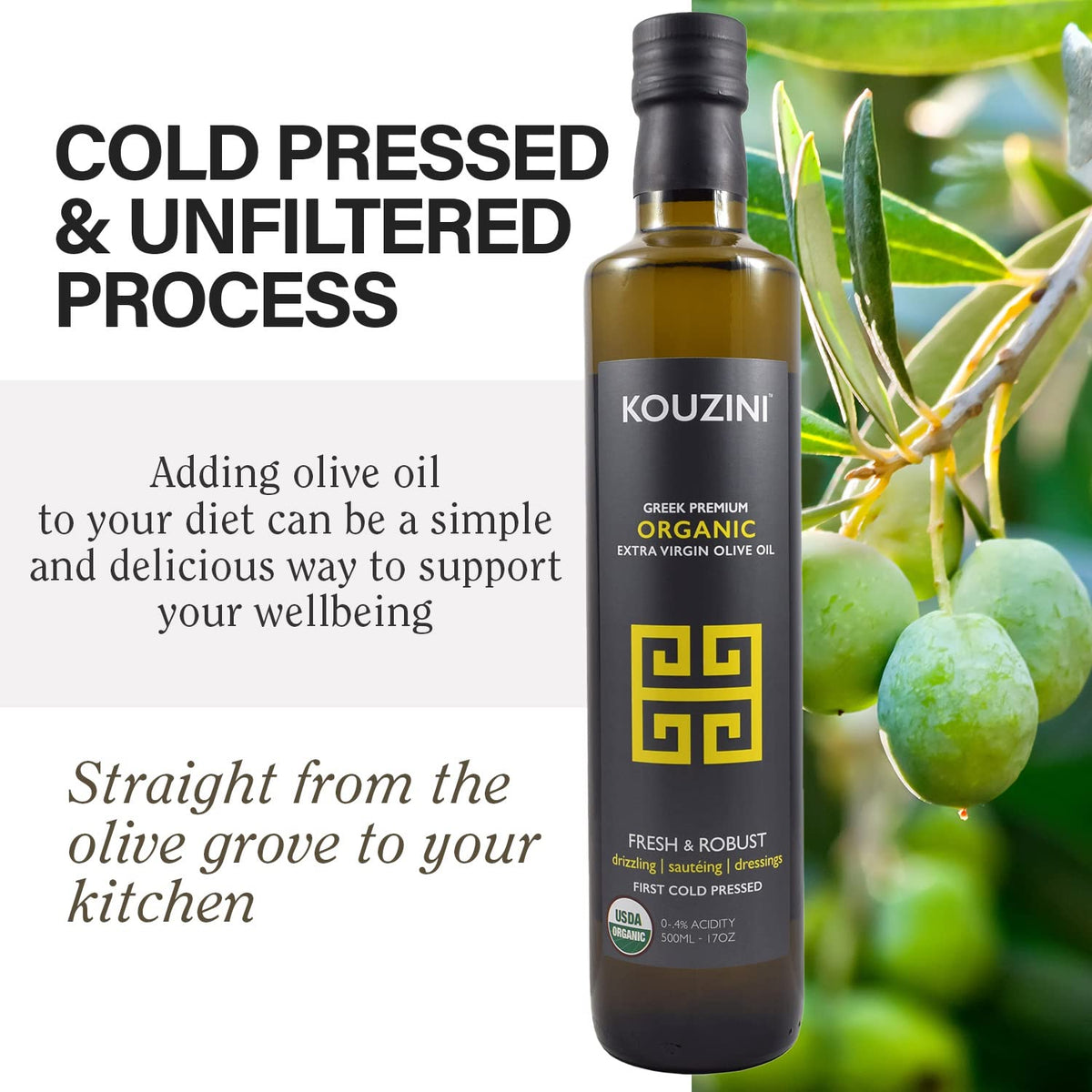 Kouzini dark green bottle preserves freshness for everyday cooking.
