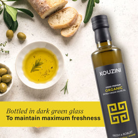 Kouzini Koroneiki olives origin, hinting at rich Mediterranean flavor.