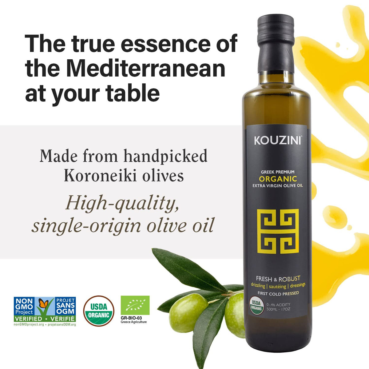 Kouzini olive oil pouring action, silky texture ideal for sautés and finishing dishes.