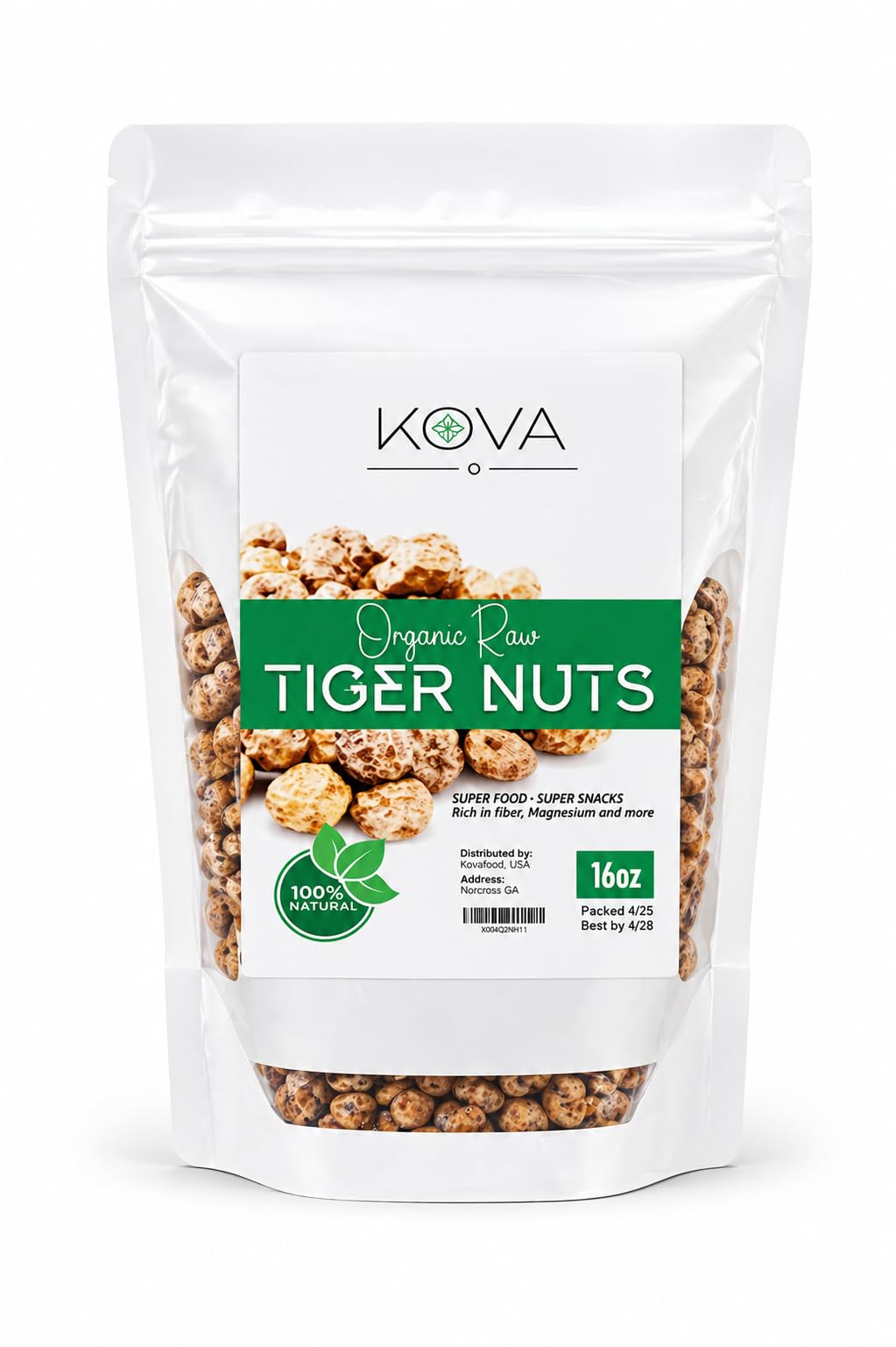 Kovafood tiger nuts pack for on-the-go snacking with fiber support.