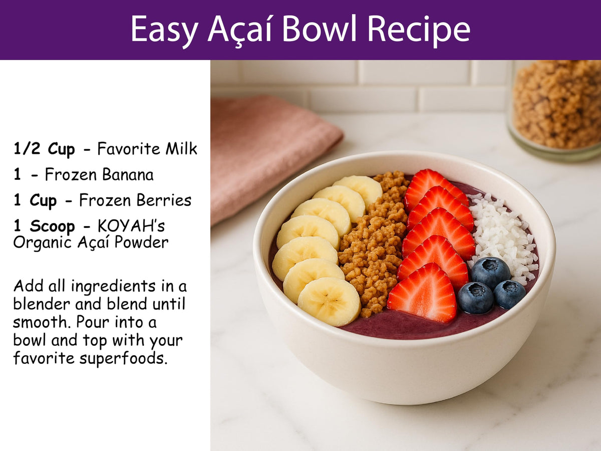 KOYAH organic acai packaging communicates 100% ingredients, with no additives.