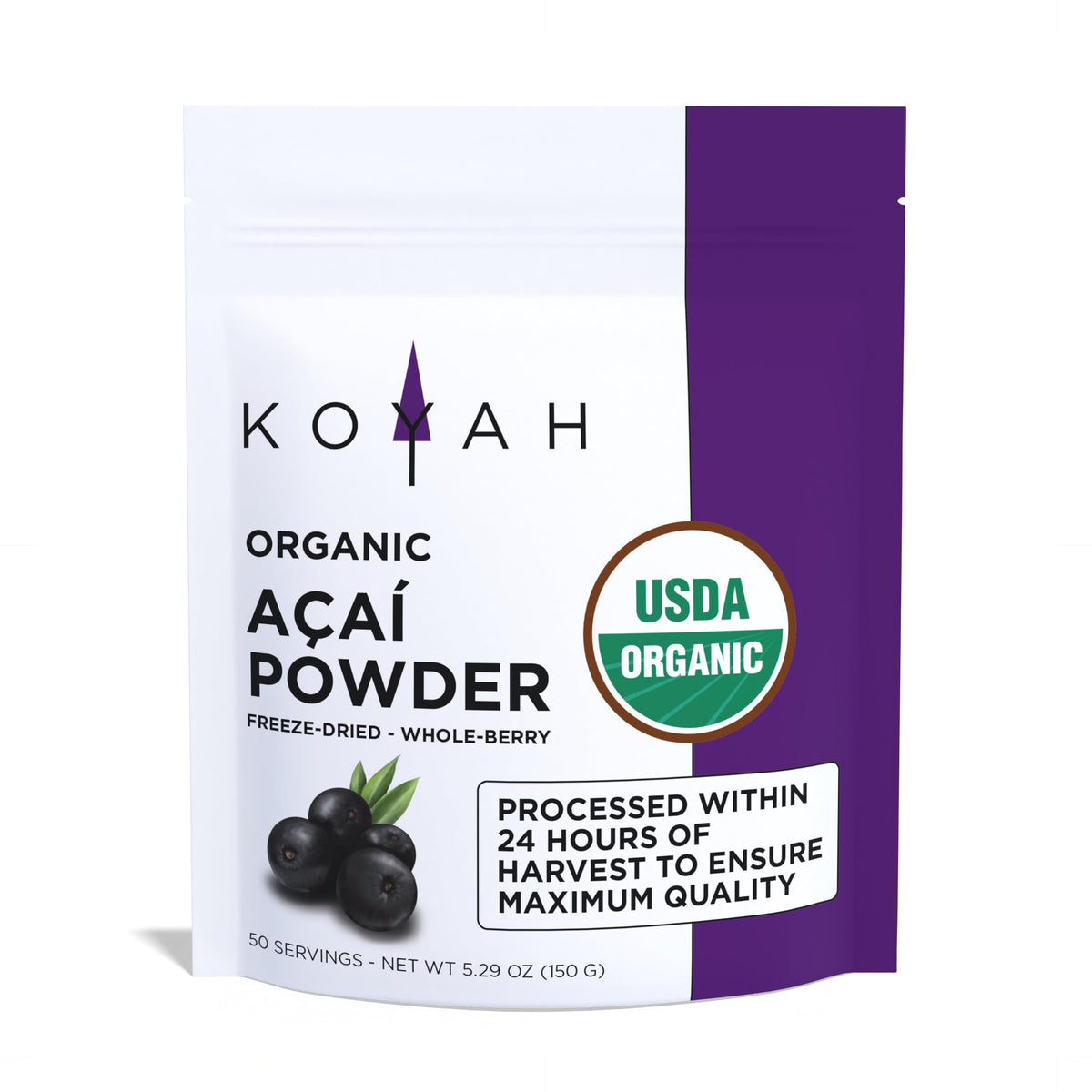 KOYAH acai powder bottle shows organic freeze-dried powder for smoothies.