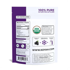 KOYAH acai powder scoop demonstrates easy 50-scoop servings from the pouch.