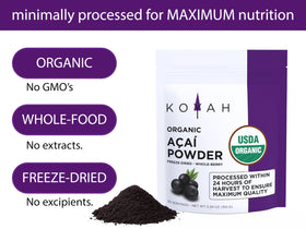 KOYAH acai powder spoon-closeup highlights deep purple color and earthy aroma.