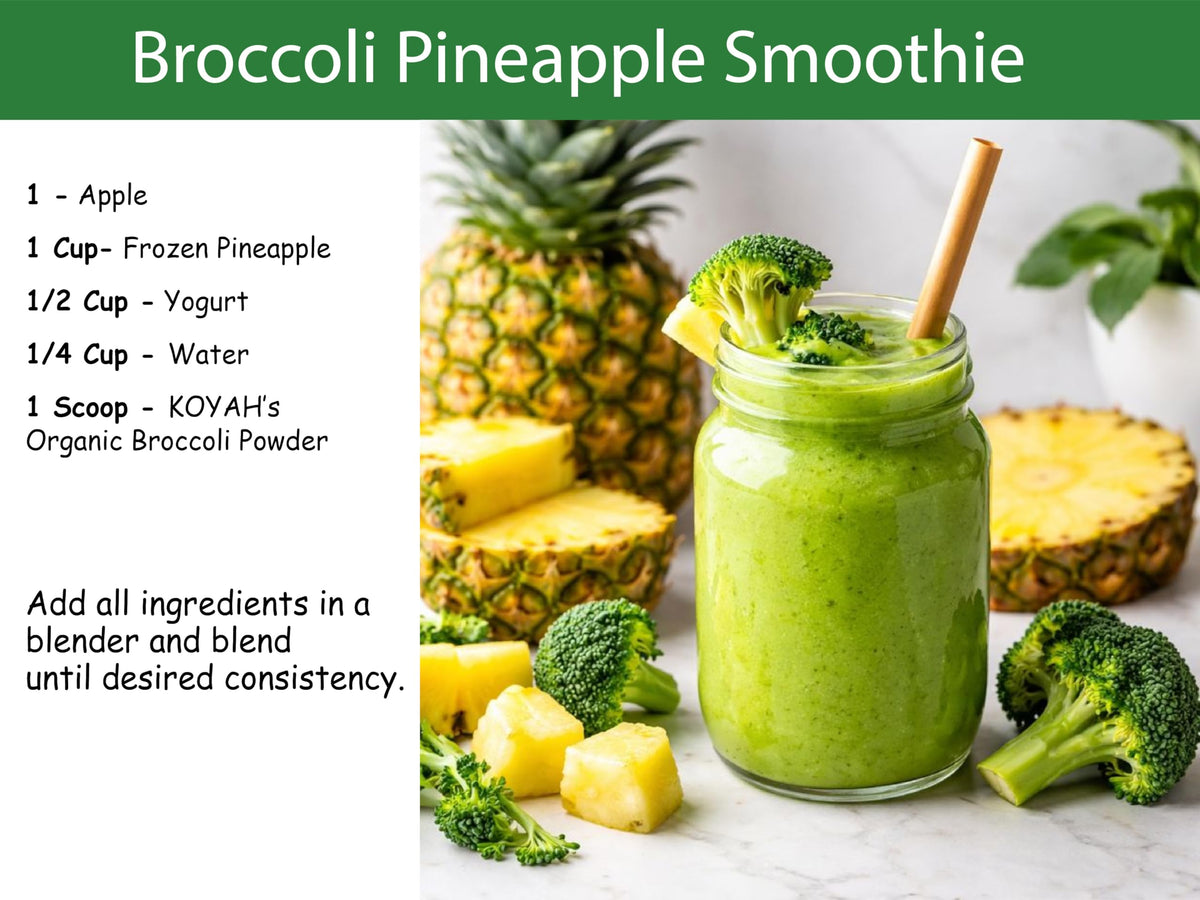 Bright green KOYAH broccoli powder highlights fresh origin and plant-based product