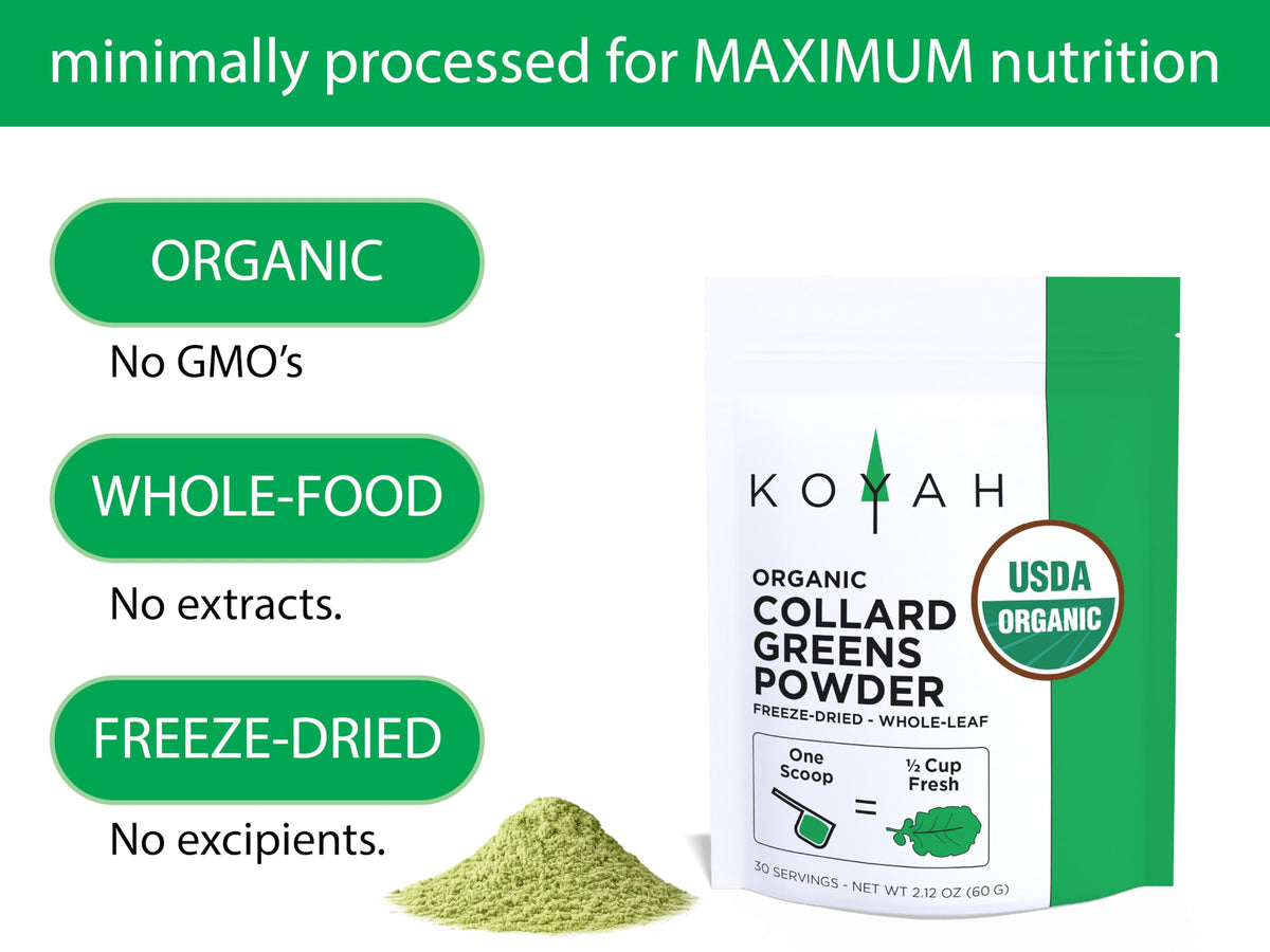 KOYAH freeze-dried collard leaves close-up showing vibrant green powder