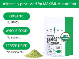 KOYAH freeze-dried collard leaves close-up showing vibrant green powder