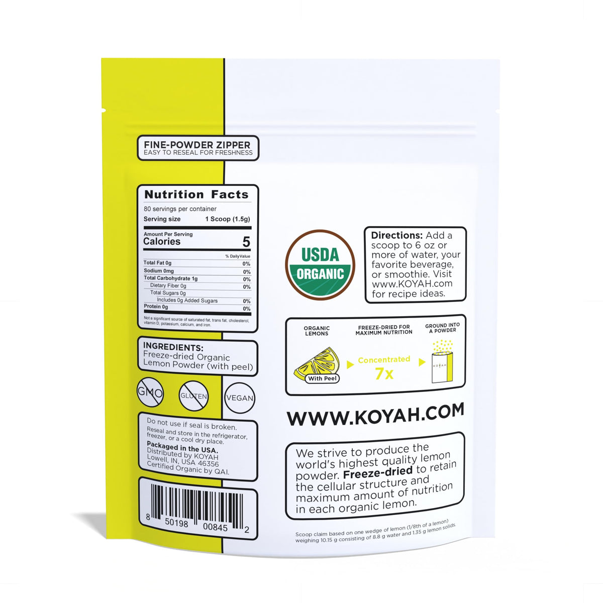 KOYAH Freeze-Dried Lemon Powder bottle demonstrates long shelf life and convenience.