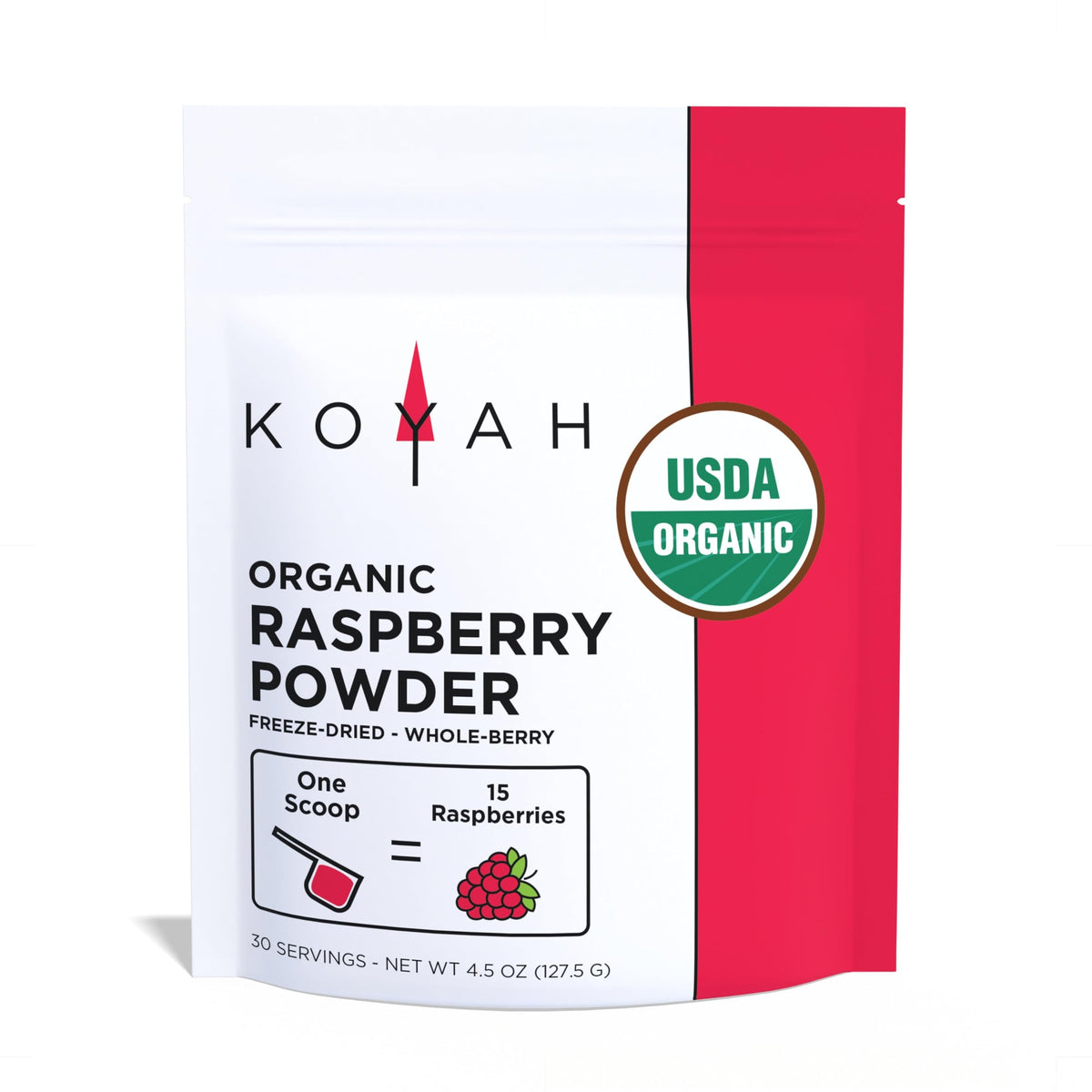 KOYAH Organic Raspberry Powder in a glass jar shows pure color and quality.