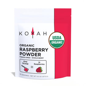 KOYAH Organic Raspberry Powder in a glass jar shows pure color and quality.