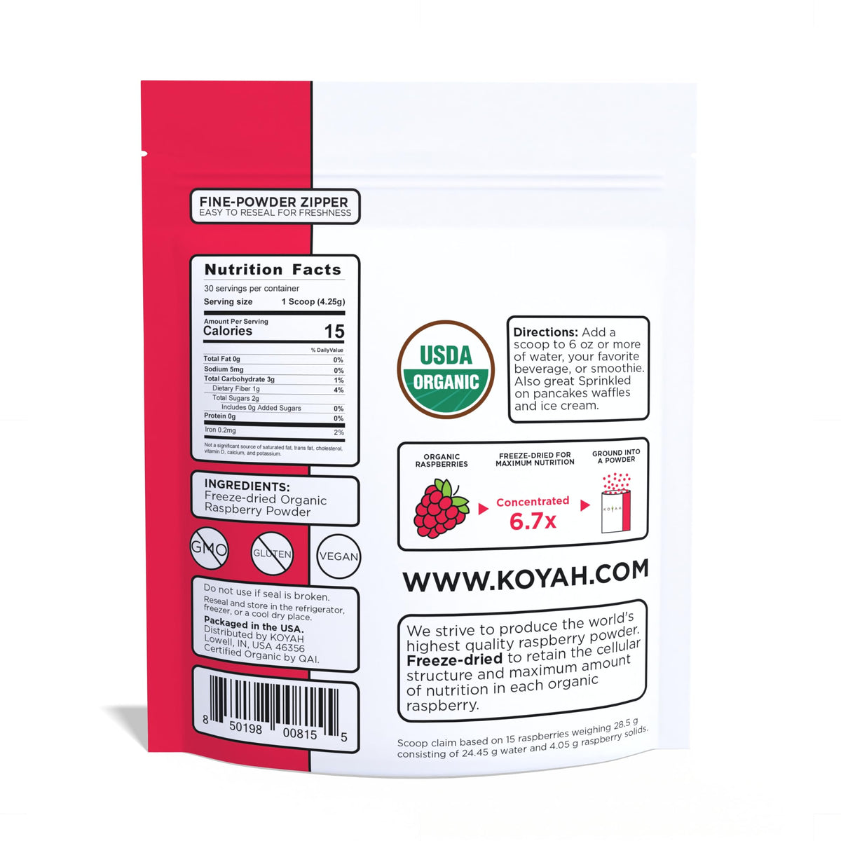 KOYAH Organic Raspberry Powder scoop illustrates convenient serving size.