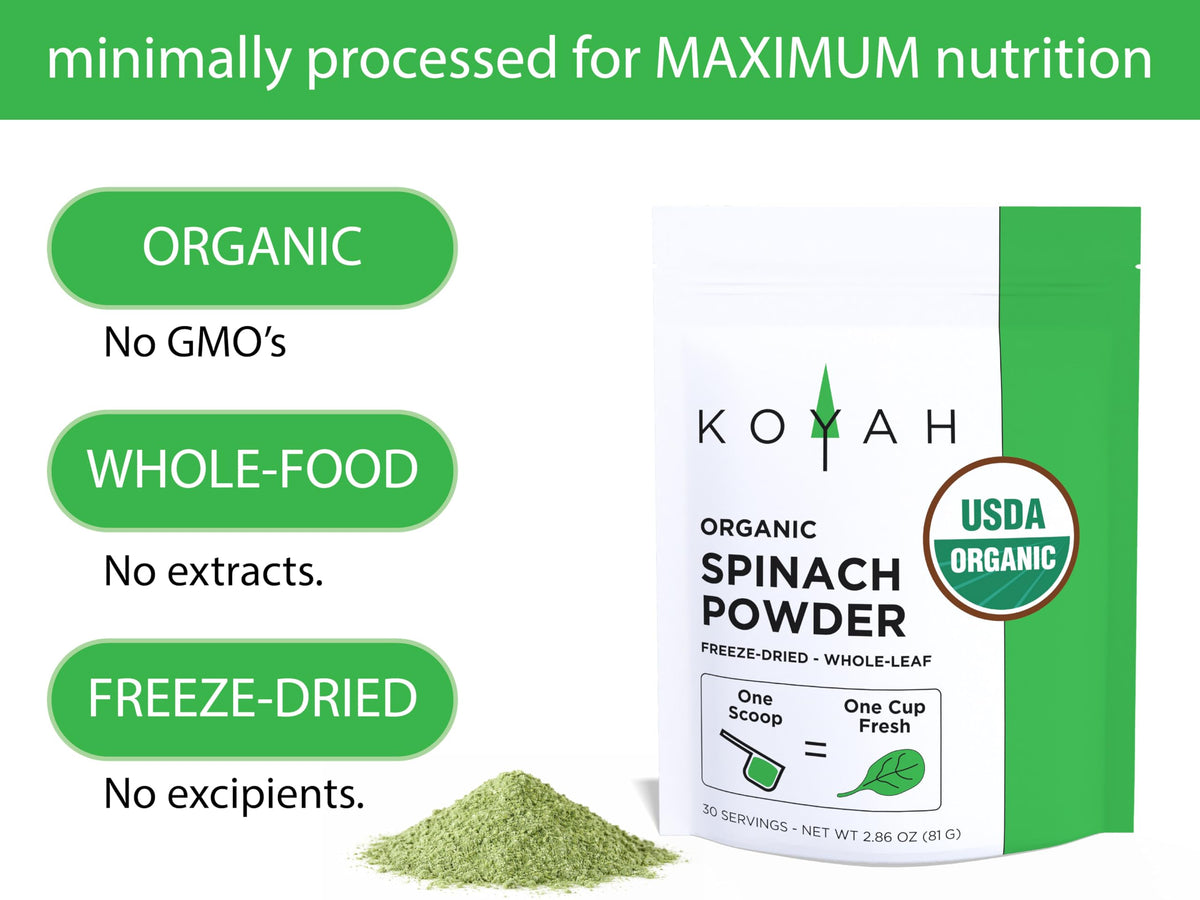 KOYAH Spinach Powder ingredient label close-up, highlighting pure organic ingredients.