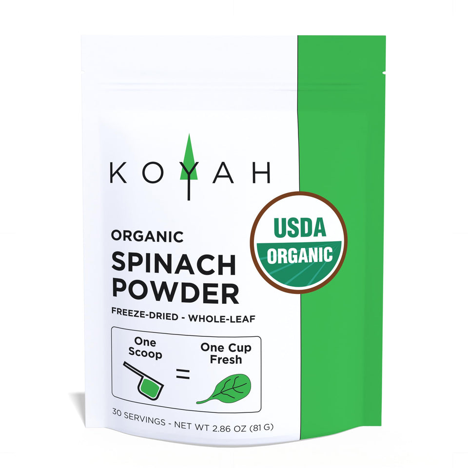 KOYAH Organic Spinach Powder pouch front view for daily smoothie boosts.