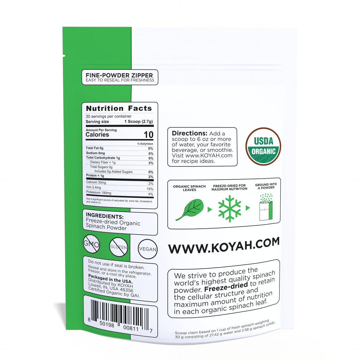 KOYAH Spinach Powder scoop with powder, convenient 30 servings.