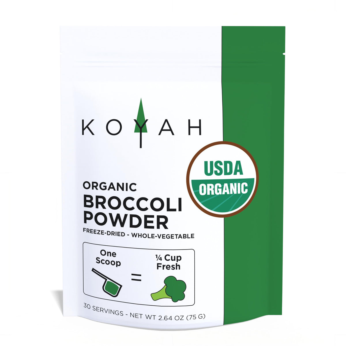 KOYAH Organic USA Broccoli Powder pouch front shows convenient freeze-dried nutrition