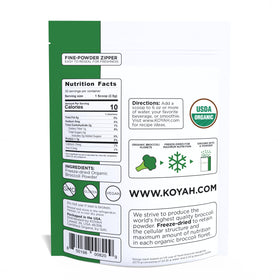 KOYAH broccoli powder scoop beside the pouch, equal to 1/4 cup fresh