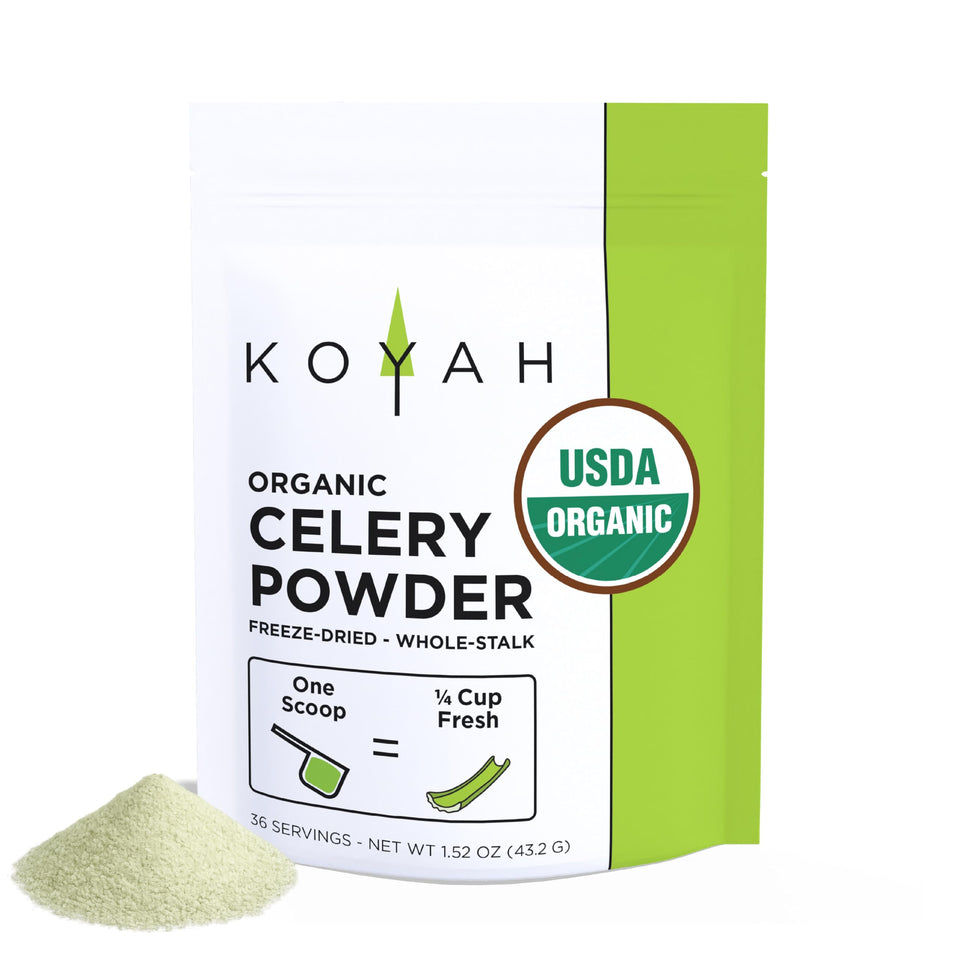 KOYAH Celery Powder bottle shows organic, convenient flavor booster for recipes
