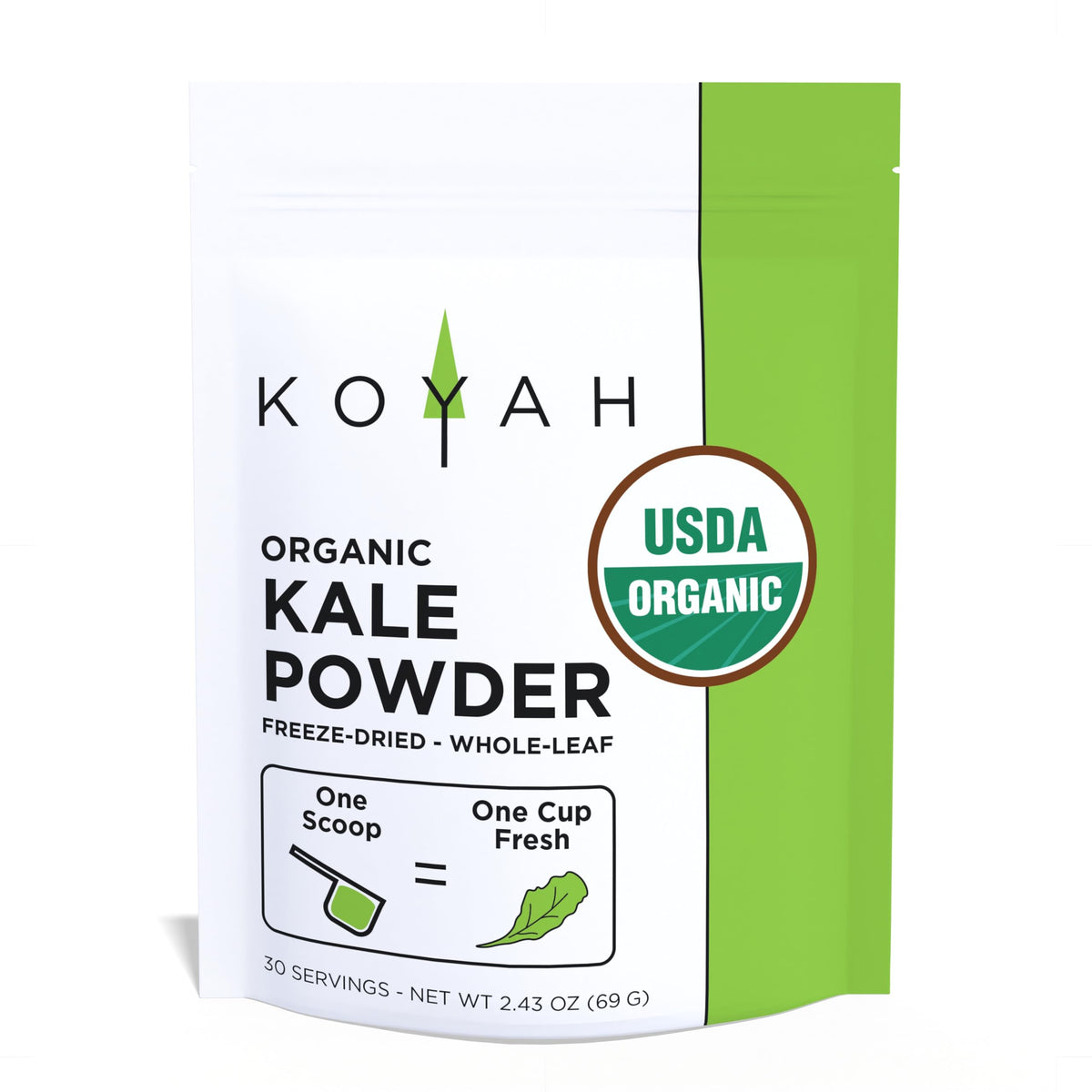 KOYAH Organic USA Kale Powder packaging shows clean label and vegan-friendly appeal