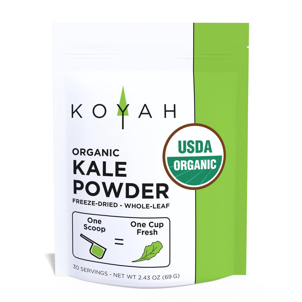 KOYAH Organic USA Kale Powder packaging shows clean label and vegan-friendly appeal