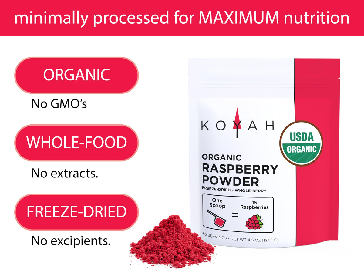 KOYAH Raspberry Powder poured over yogurt reveals vibrant flavor.