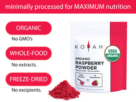 KOYAH Raspberry Powder poured over yogurt reveals vibrant flavor.