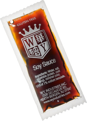 KPAK W.Y. Industries soy sauce packets in polybag packaging for clean storage.
