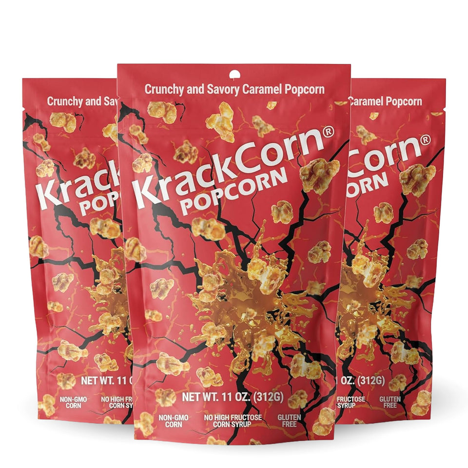 KrackCorn caramel popcorn in an 11oz pack for family movie nights