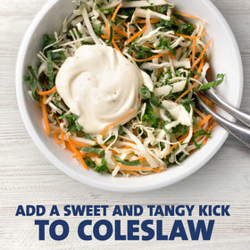Good Seasons Kraft Coleslaw Dressing pouring detail shows creamy texture ideal for slaws.