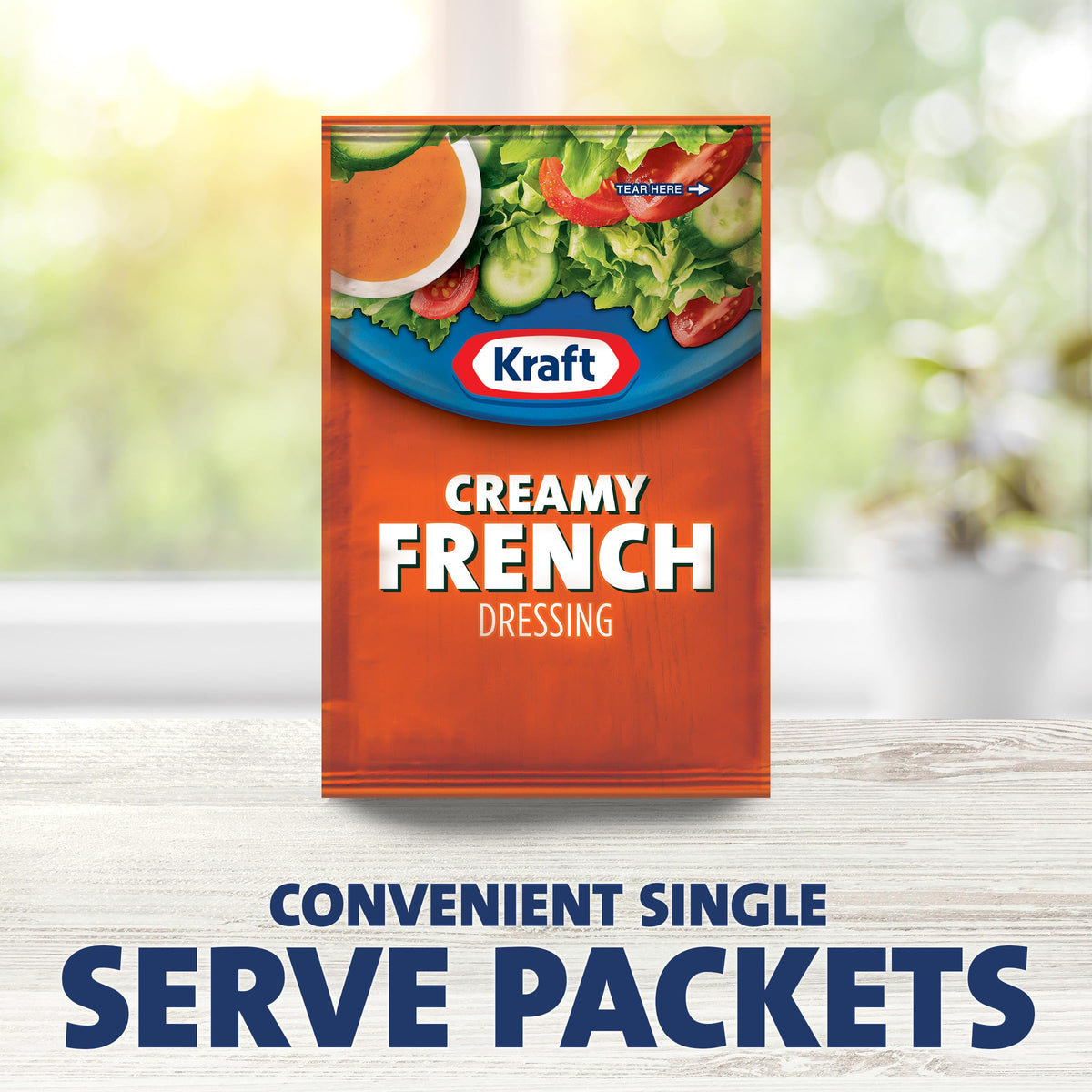Kraft Creamy French Dressing packets stacked for easy restocking in cafeterias.