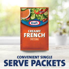 Kraft Creamy French Dressing packets stacked for easy restocking in cafeterias.