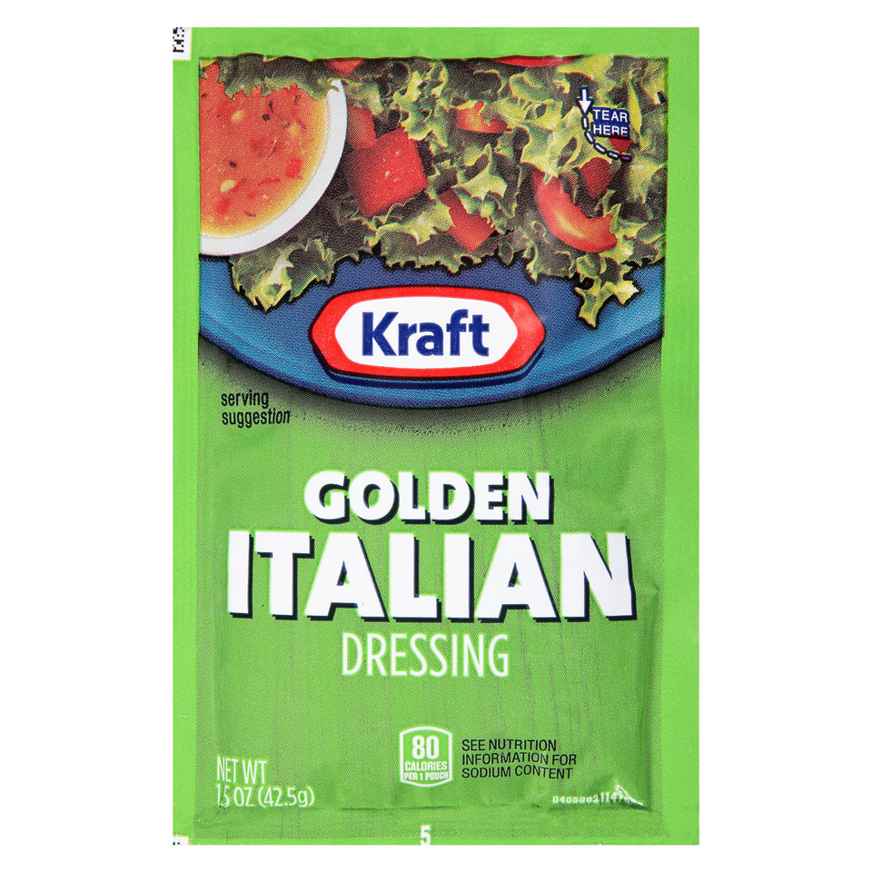 Kraft Golden Italian dressing packet close-up for convenient single servings