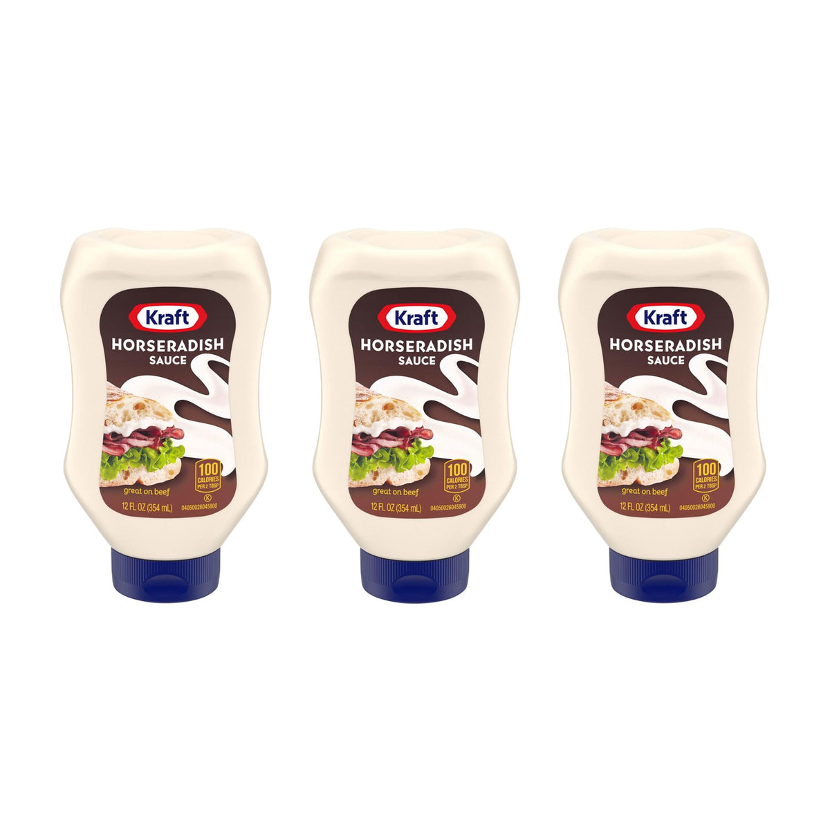 Kraft Horseradish Sauce 12oz squeeze bottle three-pack, ideal for bold sandwiches and dips